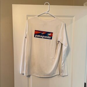 Patagonia White Long Sleeve Tee with Multicolor Mountain Logo